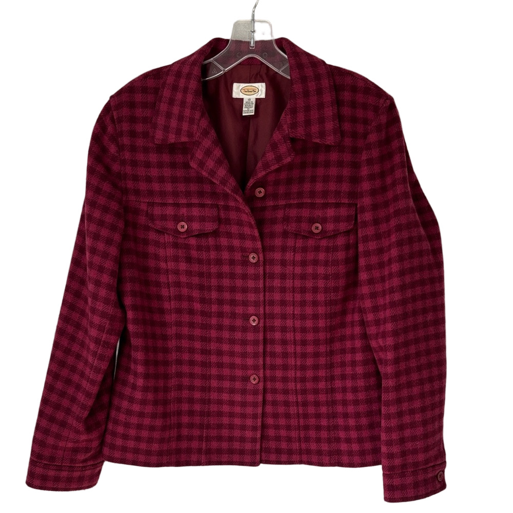 Talbots Burgundy and Pink Checked Wool Blend Jacket Cuffed Sleeves Size 12